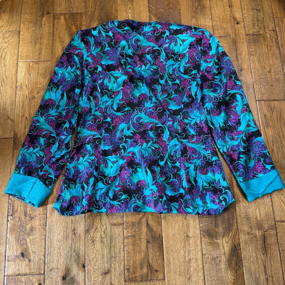 VTG Joan Walters Teal Pink Colorful Leaf Floral Print Button Up Blouse Sz 16 - Picture 5 of 5